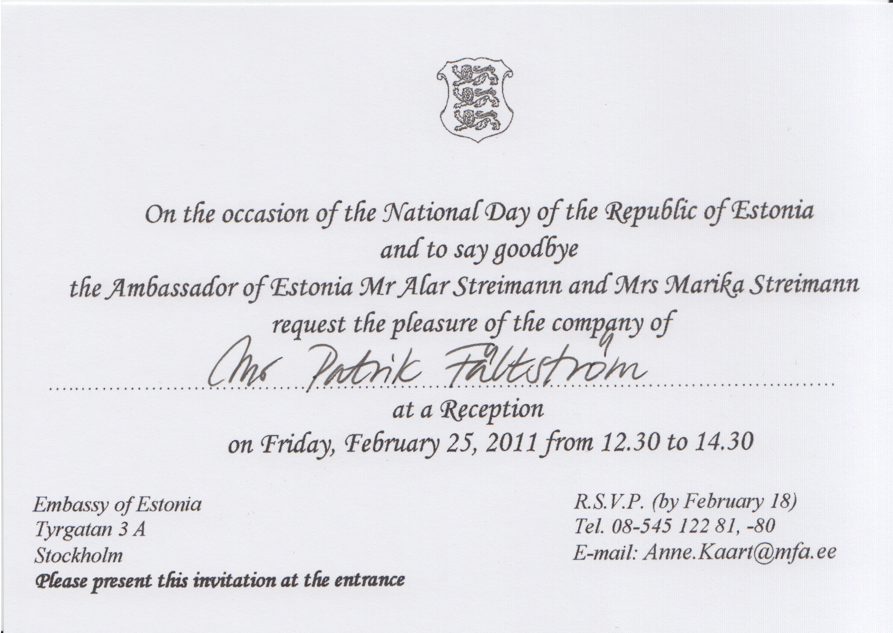 Invitation to reception at Estonian Embassy