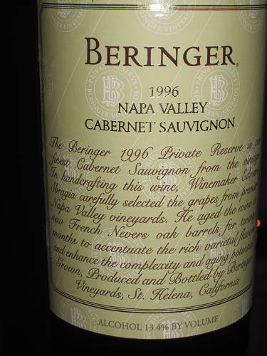 Beringer Cabernet Sauvignon, Private Reserve, 1996